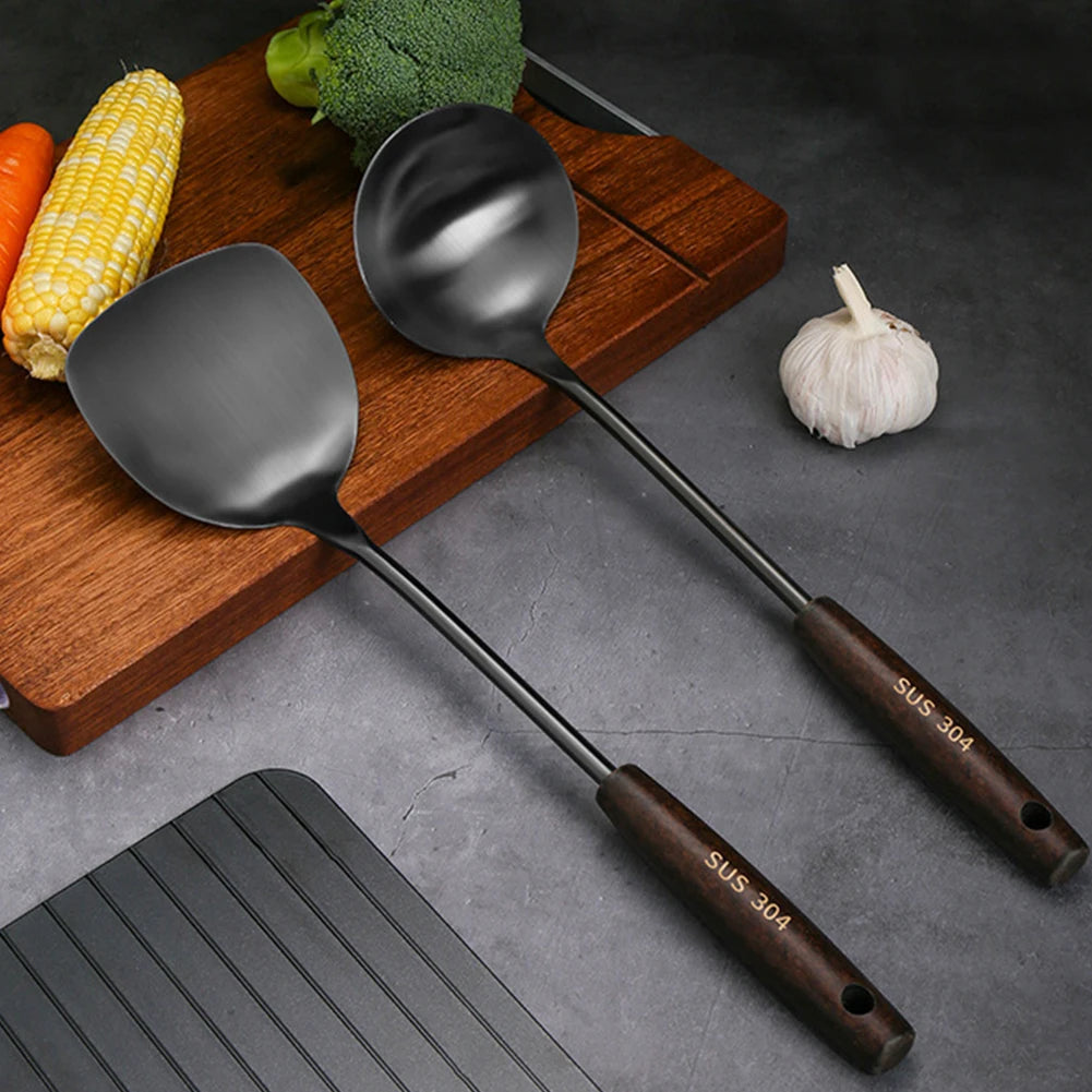 304 Stainless Steel Wooden Spatula Cooking Utensils Home Cooking Accessories Slotted Spoon Metal Gadjets For Kitchen Essentials