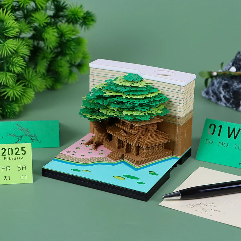 Tree Desk Calendar With LED Lights 2025 Calendar Memo Pad Creative Desk Calendar DIY Notes Notepad 3D Art Calendar Paper Carving