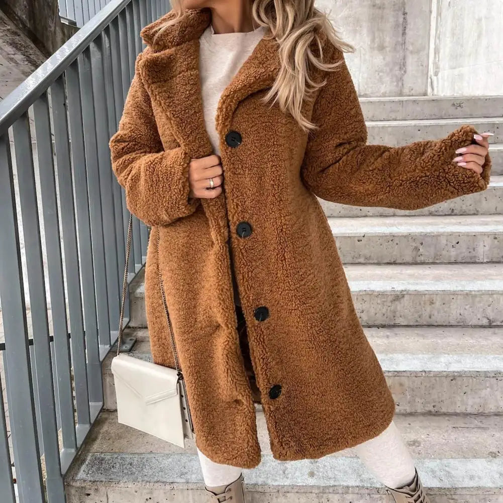 Trendy Women Overcoat Autumn Winter Women Trench Coat Long Style Pure Color Single-breasted Teddy Jacket Windproof