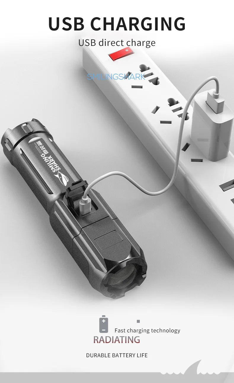 Outdoor Strong Lighting Flashlight Work Light Highlight Rechargeable Zoom Tactical Outdoor Night Camping Portable LED Torch Lamp