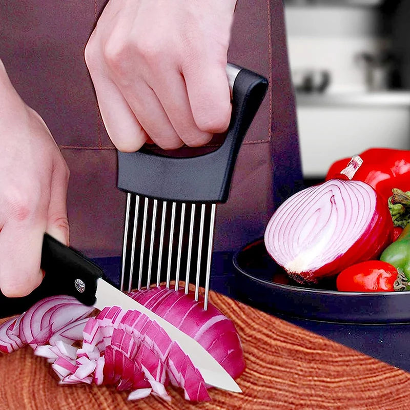 Onion Slicer Holder Vegetable Slicer Cutter Steak Needle Kitchen Gadgets Stainless Steel Cutting Tools for Onion Lemon Fruit