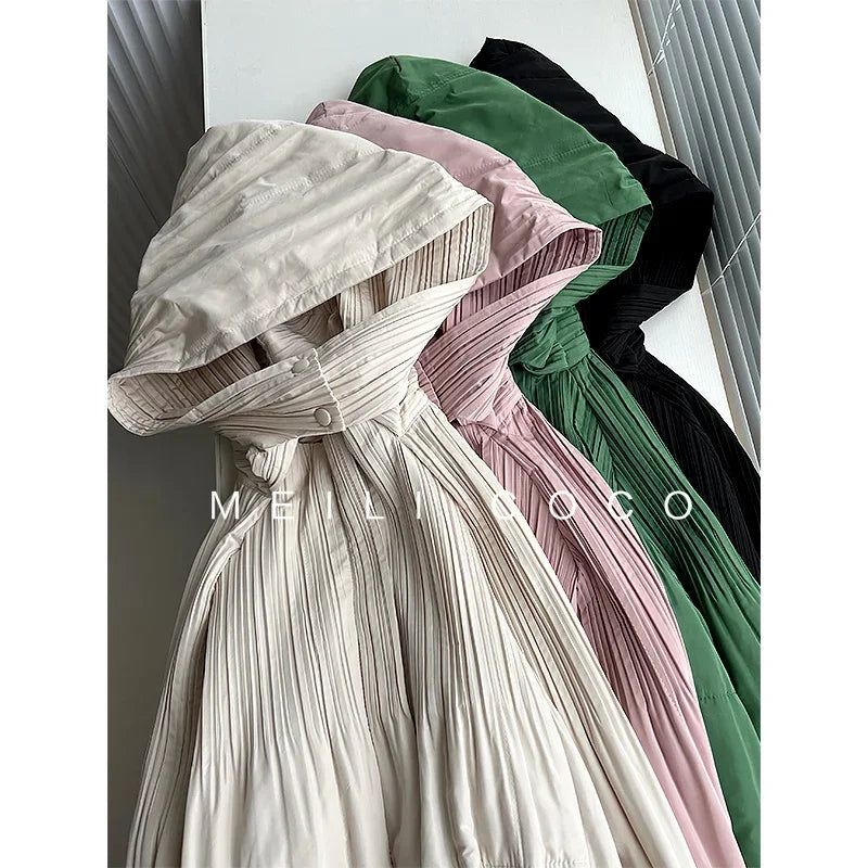 ALSEY Miyake Pleated Solid Collar Hooded Fashion Women's Jacket 2024 Autumn Winter New Long-sleeved Slim Lengthened Windbreaker