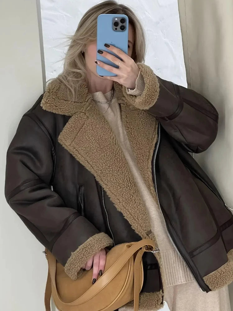 Chaqueta cálida de lana de cordero para mujer de ZBZA, abrigo de piel gruesa de estilo vintage con solapa y cremallera y manga larga con bolsillo, abrigo elegante de invierno