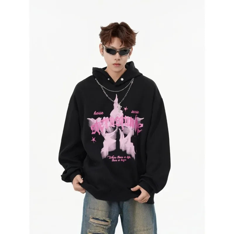 American street style pattern printed hooded sweater men's and women's autumn and winter casual fashion couple's coat