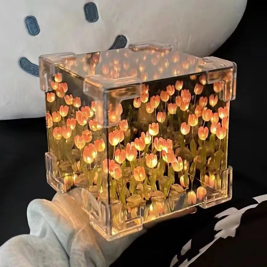 DIY Tulip Night Light Led Decorative Night Lamp Magic Cube Table Lamp and Mirror 2 in 1 for Birthday Gifts and Christmas Present