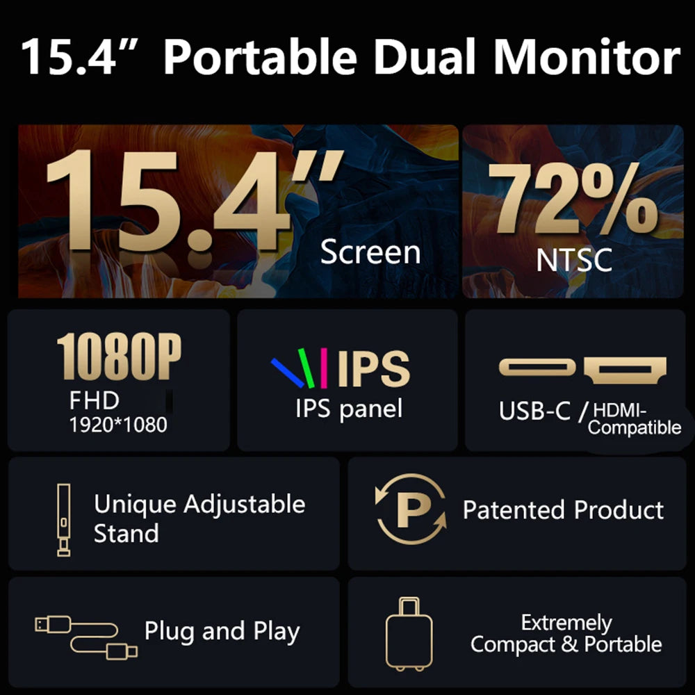 Monitor portátil de pantalla de expansión para computadora portátil de 15,4 pulgadas para computadora portátil de 15,6 a 17,3 pulgadas FHD 1920*1080 IPS Monitor de pantalla dual plegable