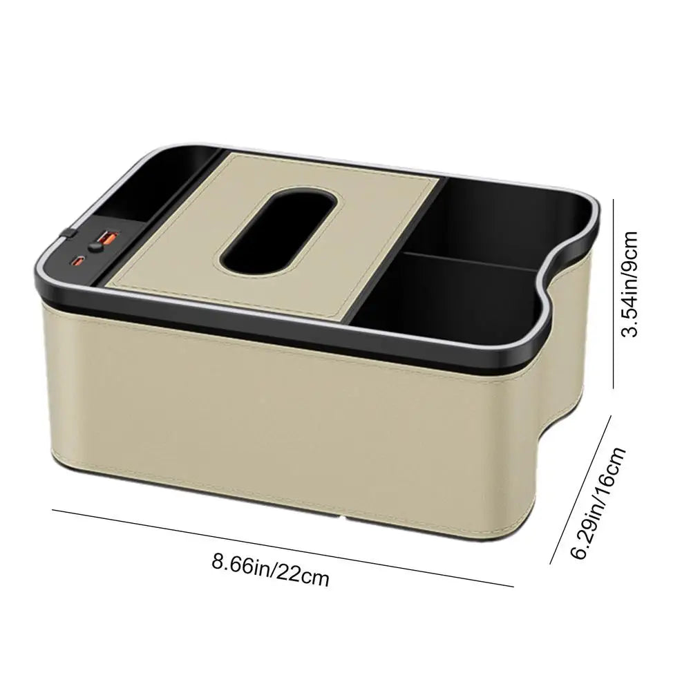 Boîte de rangement pour accoudoir de voiture avec porte-gobelet, boîte à mouchoirs, rechargeable par USB, boîte de rangement pour accoudoir de voiture avec lumière ambiante