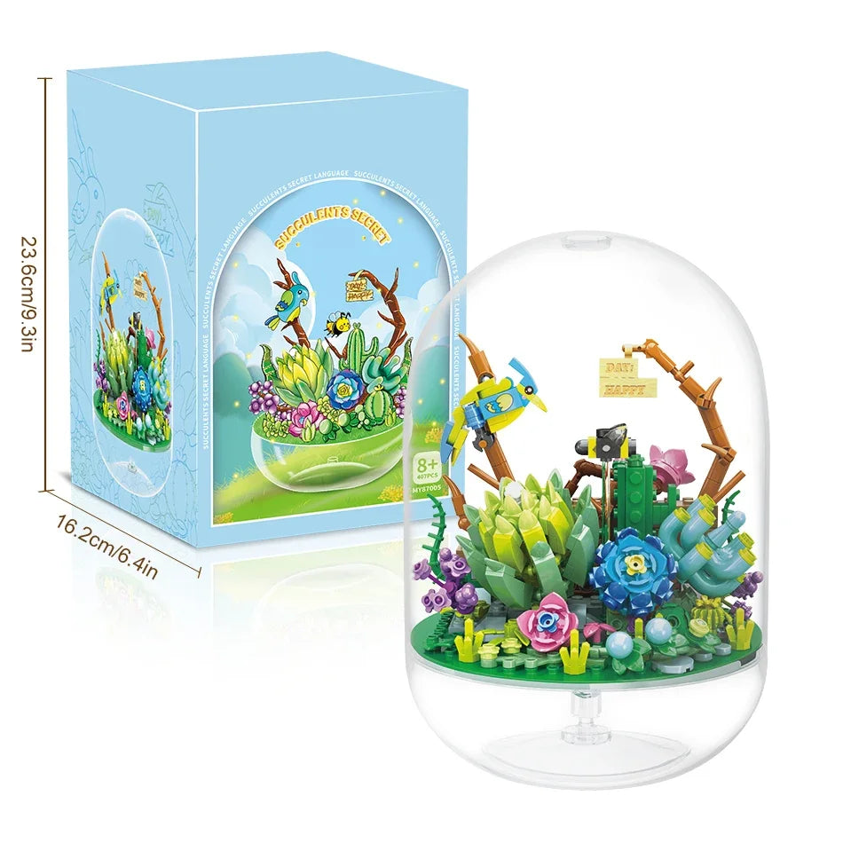 Succulent Plant Potted Building Blocks Insect Flower Model Bricks Set With Dust Cover Children's Educational Toys Adult Gifts