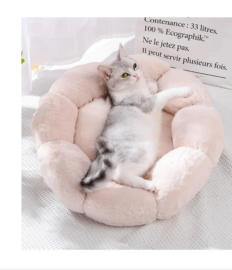 Cama de felpa para mascotas, cálida y relajante para el invierno, con forma de dona para gatos y perros, cojín antiansiedad para dormir profundamente, cama para gatos con forma de flor, nido grueso para acurrucarse