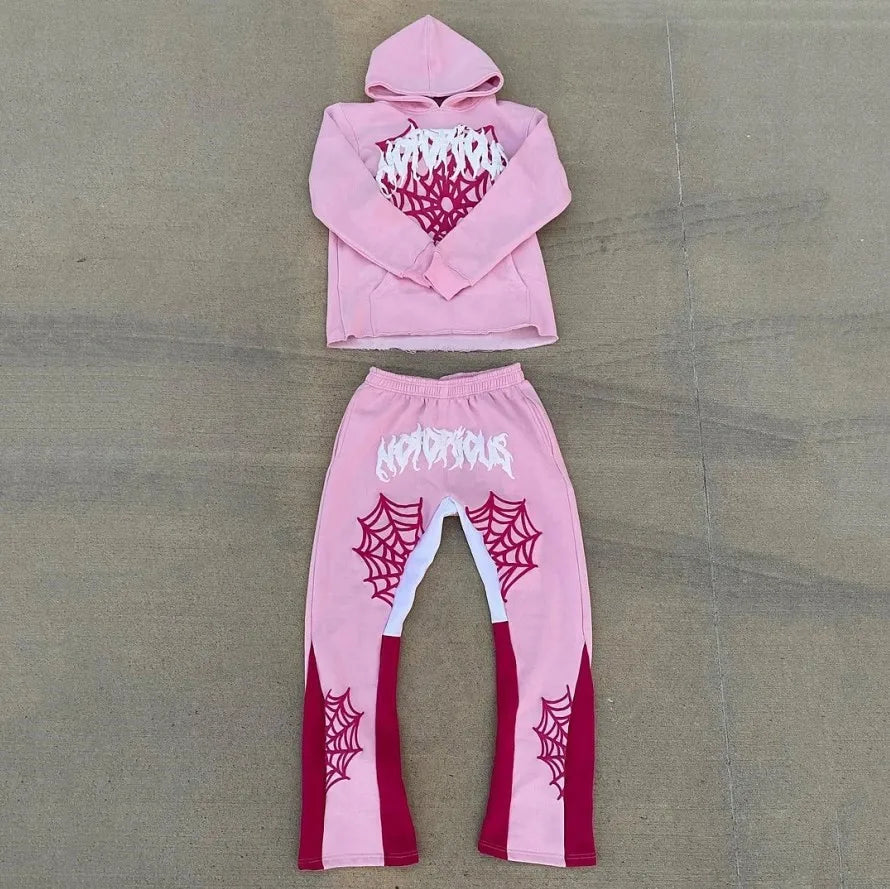 2024 American High Street Harajuku Spider web print Loose Hoodie Y2K Hip Hop Street Men Women's Casual Pullover Sweatpants goth