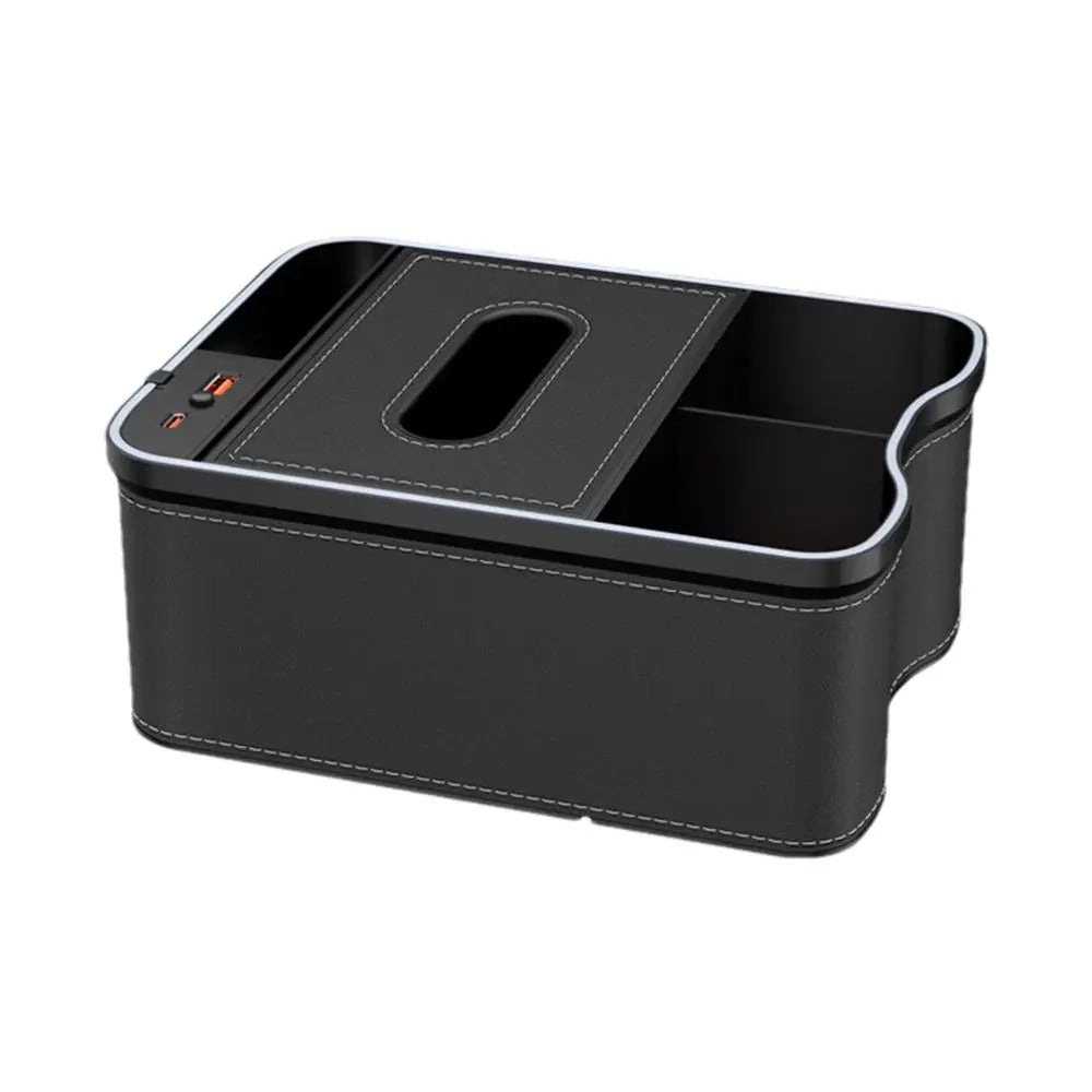 Boîte de rangement pour accoudoir de voiture avec porte-gobelet, boîte à mouchoirs, rechargeable par USB, boîte de rangement pour accoudoir de voiture avec lumière ambiante