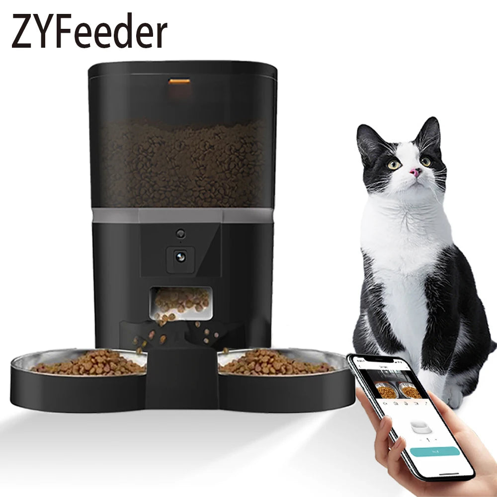 Comedero automático para gatos de 4 l, comedero inteligente para mascotas, dispensador de comida para gatos y perros pequeños con cámara grabadora, temporizador cuantitativo, cuenco doble