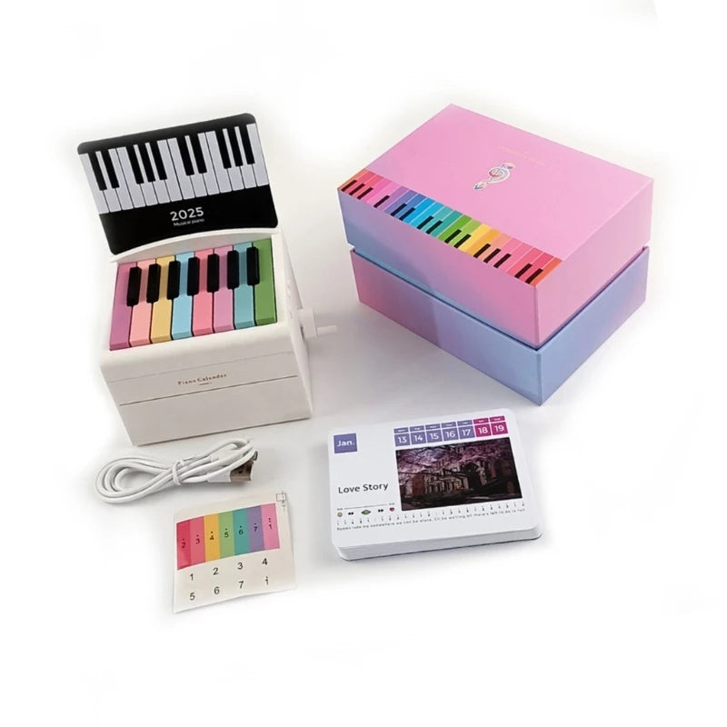 Calendario de escritorio con piano pequeño de 15 teclas para 2025 con letras de canciones y 28 tarjetas de textura plástica, adecuado para familiares y amigos