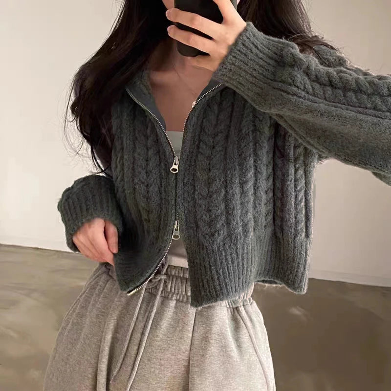 Twists Knit Short Coat Long Sleeve Zipper Sweater Casual Women Cardigan Vintage Winter Korean Chic Elegant 2024 Lady Trend Top