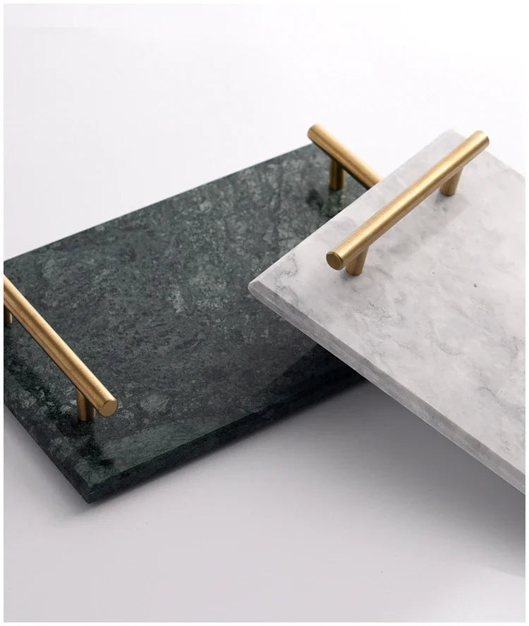 Nordic Home Decor Light Luxury Natural Marble Jewelry Storage Tray with Gold Handle Trinket Ring Plate Wedding Gift