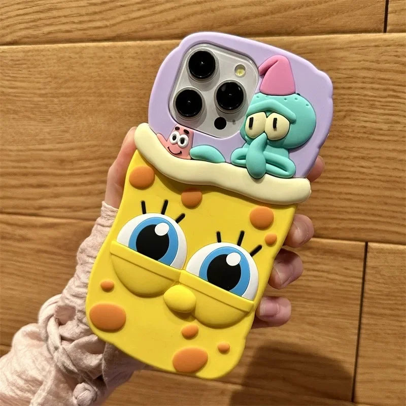 3D Cartoon Cute SpongeBobs SquarePants Patricks Stars Phone Case For IPhone 15 14 13 12 11 Pro Max Soft Silicone Back Cover Gift