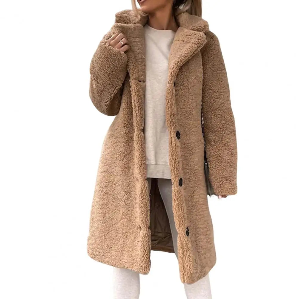 Trendy Women Overcoat Autumn Winter Women Trench Coat Long Style Pure Color Single-breasted Teddy Jacket Windproof