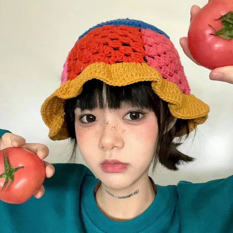 2022 New Korean-Japanese Hand Buckle Crochet Bucket Hat Spring and Autumn Winter Sun Hat Female Cherry Designer Bob Basin Hat