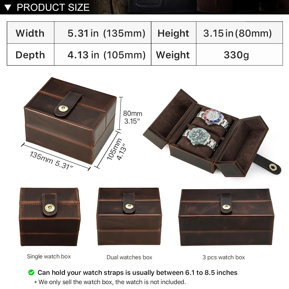 Retro Luxury Genuine Leather 2 Slots Watch Roll Case Travel Portable Organizer Display Storage Box with Pillow Handmade Gifts