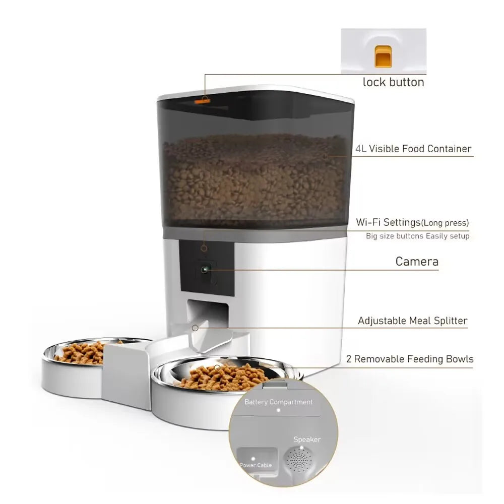 Comedero automático para gatos de 4 l, comedero inteligente para mascotas, dispensador de comida para gatos y perros pequeños con cámara grabadora, temporizador cuantitativo, cuenco doble