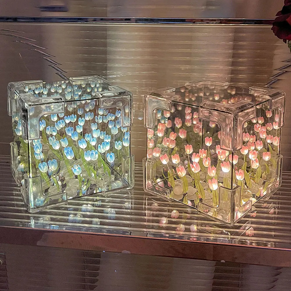 DIY Tulip Night Light Led Decorative Night Lamp Magic Cube Table Lamp and Mirror 2 in 1 for Birthday Gifts and Christmas Present