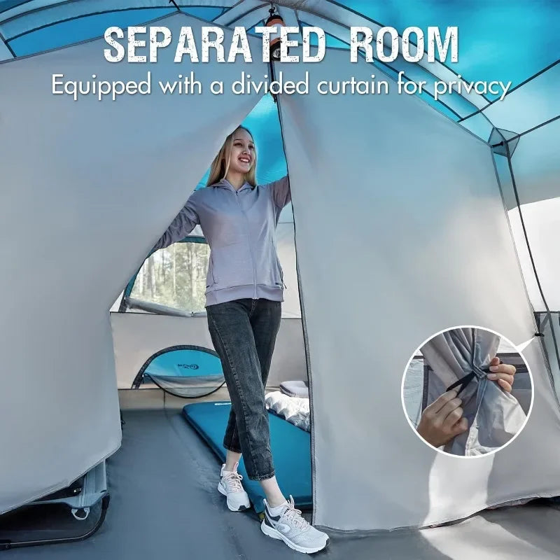 Tienda de campaña para 10 personas con porche, gran tienda de campaña familiar con 2 habitaciones, cortina dividida, para acampar al aire libre, viajar, resistente al agua