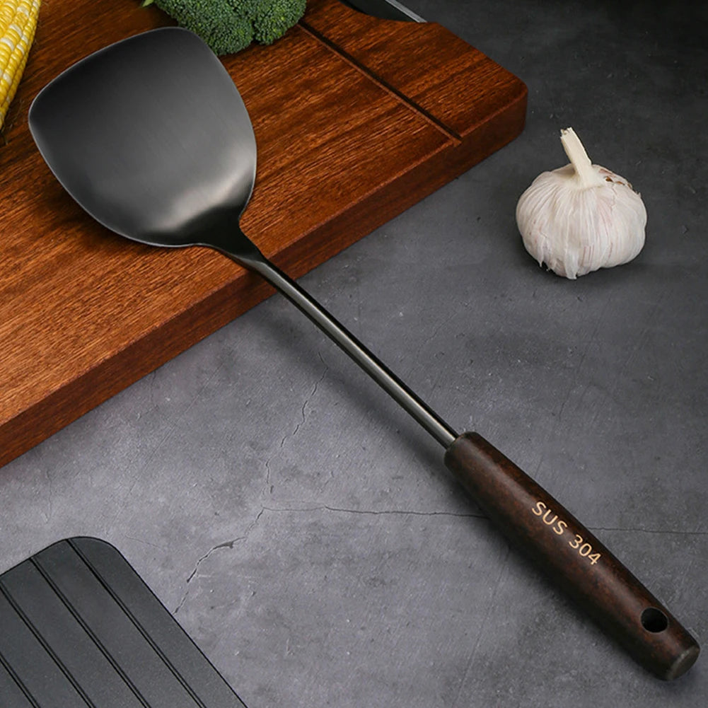 1 espátula de madera de acero inoxidable 304, utensilios de cocina, accesorios de cocina para el hogar, cuchara ranurada, artilugios de cocina de metal