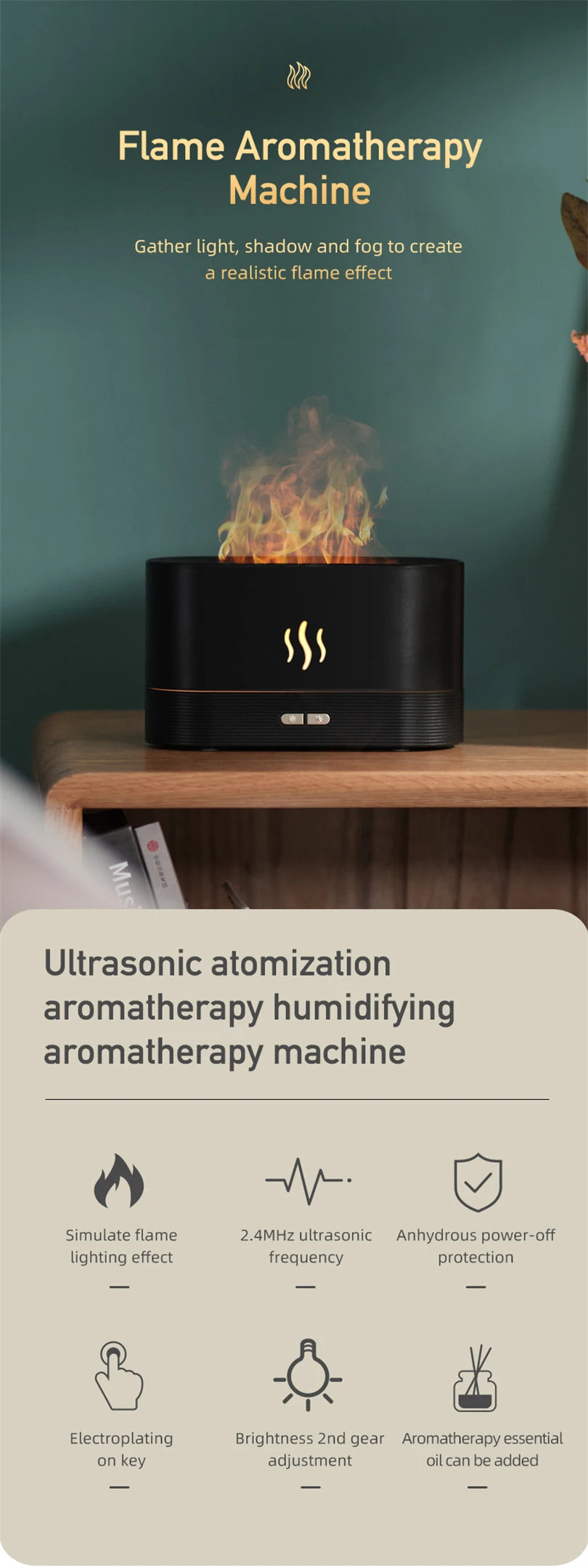 Vissko Aroma Diffuser 180ML Air Humidifier Ultrasonic Aromatherapy Cool Mist Maker Essential Oil Flame Lamp Difusors For Home