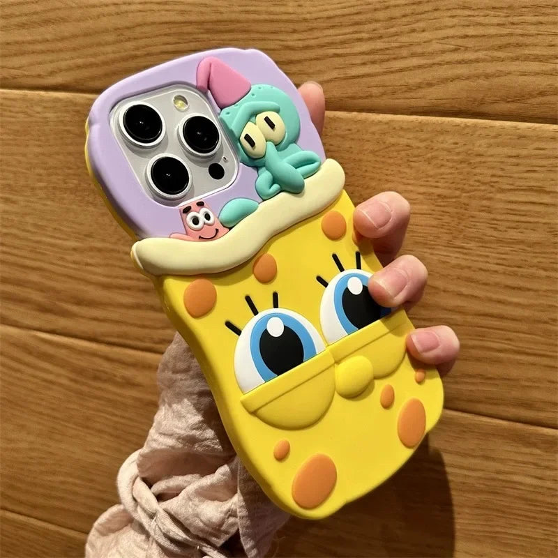3D Cartoon Cute SpongeBobs SquarePants Patricks Stars Phone Case For IPhone 15 14 13 12 11 Pro Max Soft Silicone Back Cover Gift