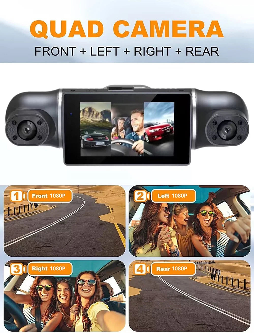Grabadora de video DVR para automóvil de 4 lentes 1080P con control por aplicación WIFI, cámara de tablero de 360 grados, visión nocturna, cámara de visión trasera delantera izquierda y derecha para automóvil