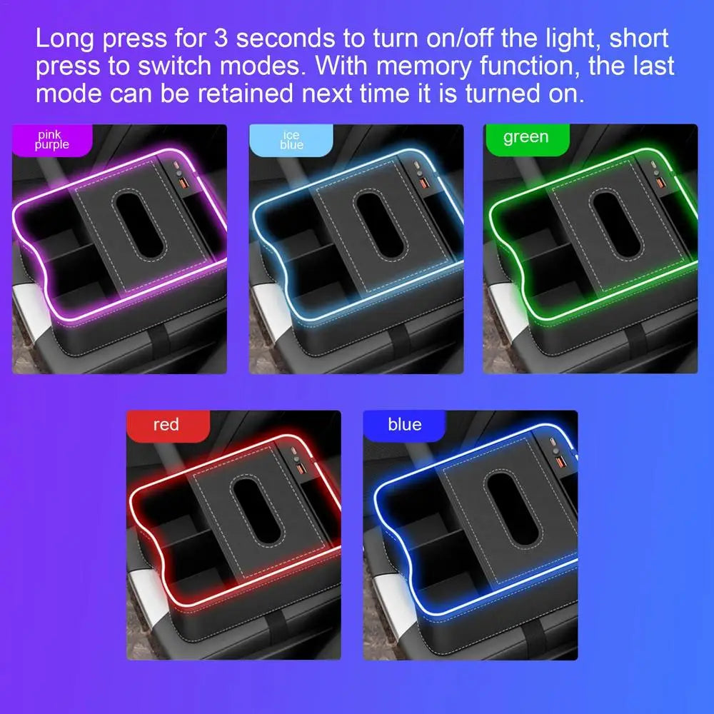 Boîte de rangement pour accoudoir de voiture avec porte-gobelet, boîte à mouchoirs, rechargeable par USB, boîte de rangement pour accoudoir de voiture avec lumière ambiante