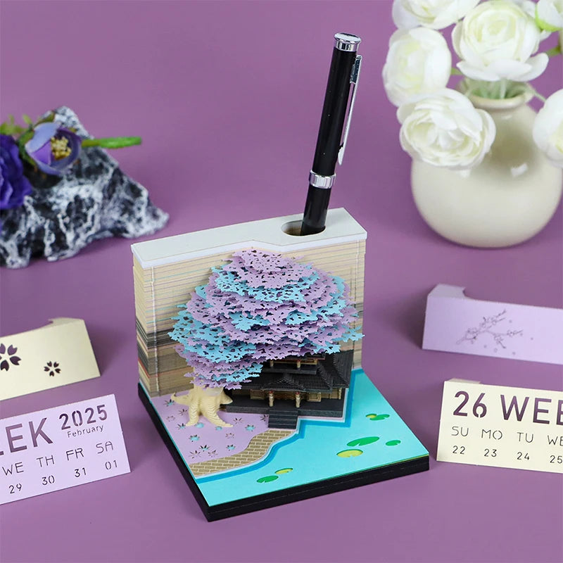 Tree Desk Calendar With LED Lights 2025 Calendar Memo Pad Creative Desk Calendar DIY Notes Notepad 3D Art Calendar Paper Carving