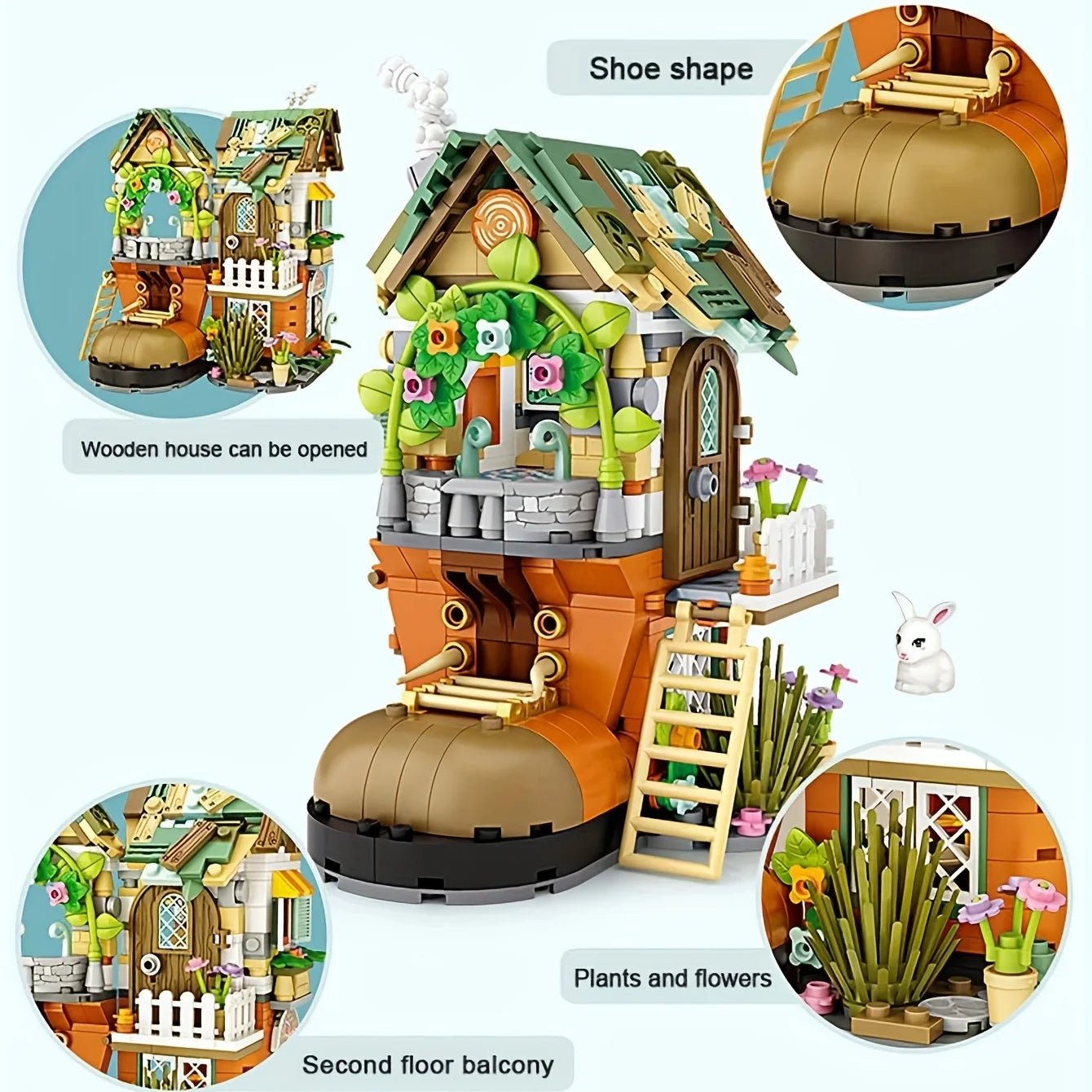 Construcción de cabañas de enanos con forma de zapato, escalera, jardín, minibloques, juguete de construcción para adultos, regalo de Navidad, decoración del hogar