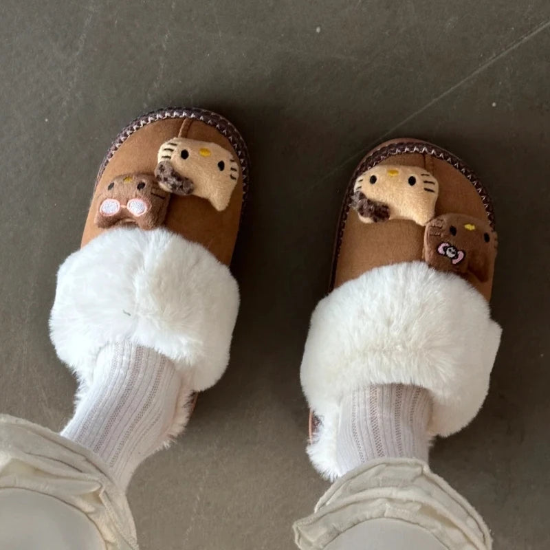 Pantuflas de invierno Sanrio Hello Kitty con bonitos dibujos animados, cálidas y cómodas, estilo Kawaii Y2k, antideslizantes, planas, para exteriores, para mujer