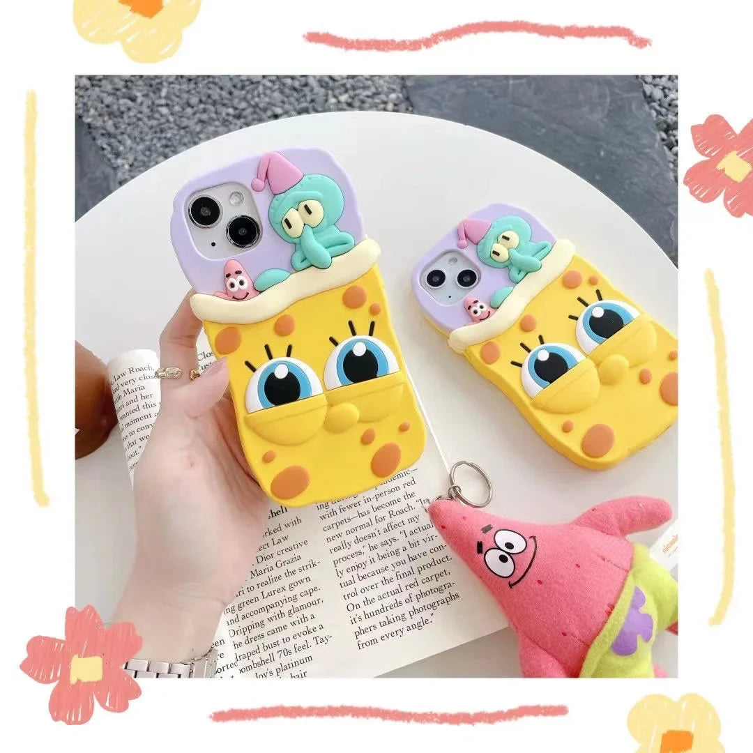 3D Cartoon Cute SpongeBobs SquarePants Patricks Stars Phone Case For IPhone 15 14 13 12 11 Pro Max Soft Silicone Back Cover Gift