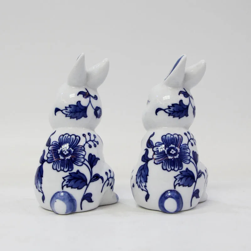 Blue and White Porcelain Rabbit Sculpture Decoration Cute Animal Ceramic Crafts Office Room Ornament
