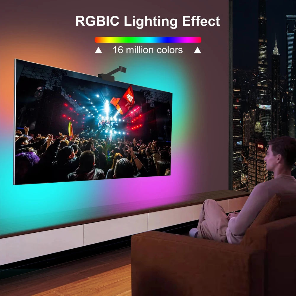 TV LED Backlight with AR Camera Color Gamut Sensor RGBIC Light Music Sync Strip For 55-85 Inch Monitors Light linkage Ambilight