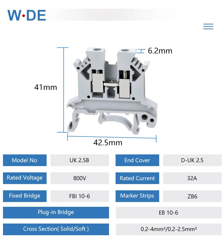 10 piezas Bloque de terminales de riel DIN UK-2.5B Cable Conductor eléctrico Conector universal Bloque de terminales de conexión por tornillo UK2.5B