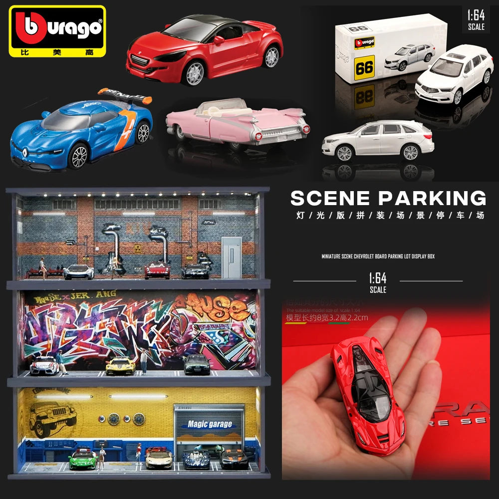 1/64 Simulated Parking Lot Model Classic Static Car Bburago Alloy Diecasting Vehicles Miniature Scene Assembly Display Frame Toy