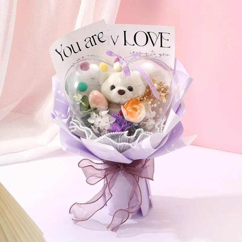 Artificial Rose Flower Bouquet Doll Bear Birthday Party Mother's Day Gift Wedding Bouquet Romantic Appointment Decor Accessories