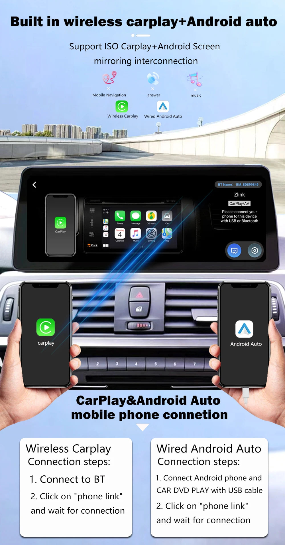 1920*720P Carplay 12,3 pouces Android 14 pour BMW Série 5 F10 F11 2010-2016 CIC NBT Système Auto Radio GPS Navigation Multimédia