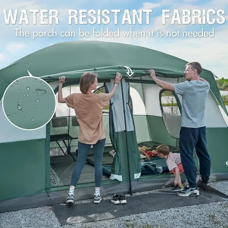 Tienda de campaña para 10 personas con porche, gran tienda de campaña familiar con 2 habitaciones, cortina dividida, para acampar al aire libre, viajar, resistente al agua