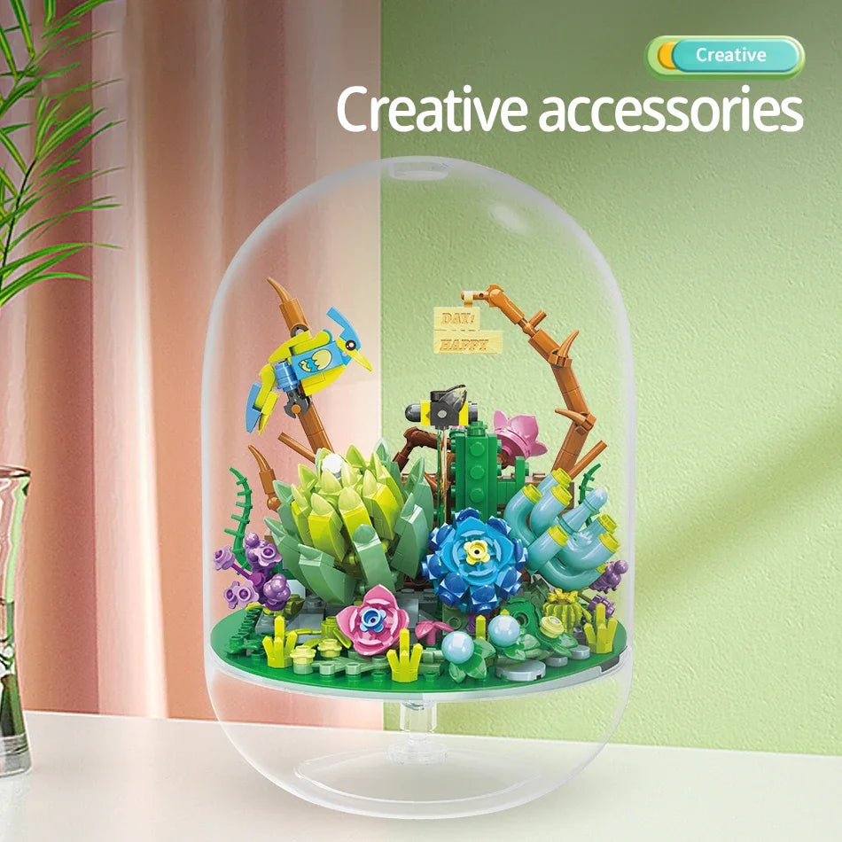 Succulent Plant Potted Building Blocks Insect Flower Model Bricks Set With Dust Cover Children's Educational Toys Adult Gifts