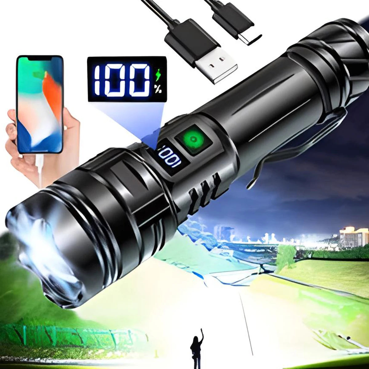 Linterna LED potente de 1000000 LM, recargable por USB, potente linterna táctica, luz de flash de alcance súper largo para pesca al aire libre