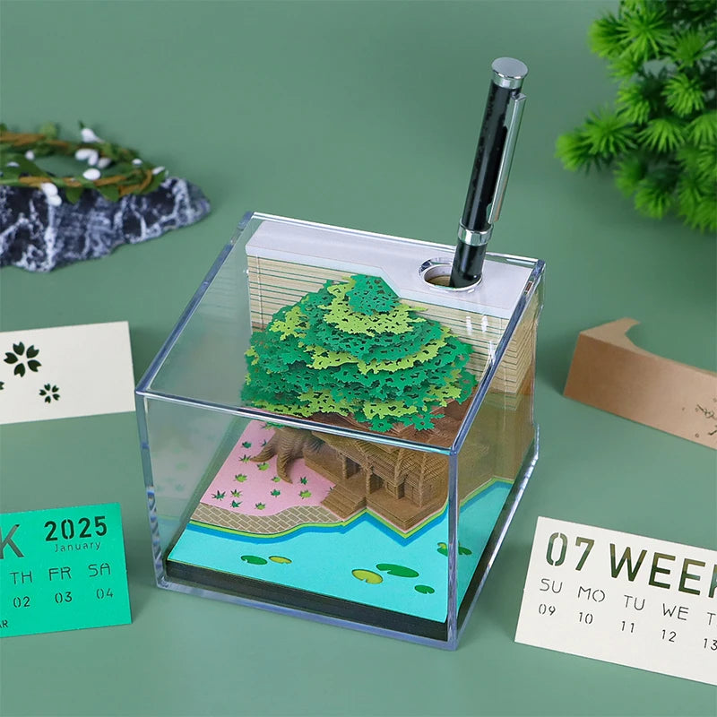 Tree Desk Calendar With LED Lights 2025 Calendar Memo Pad Creative Desk Calendar DIY Notes Notepad 3D Art Calendar Paper Carving