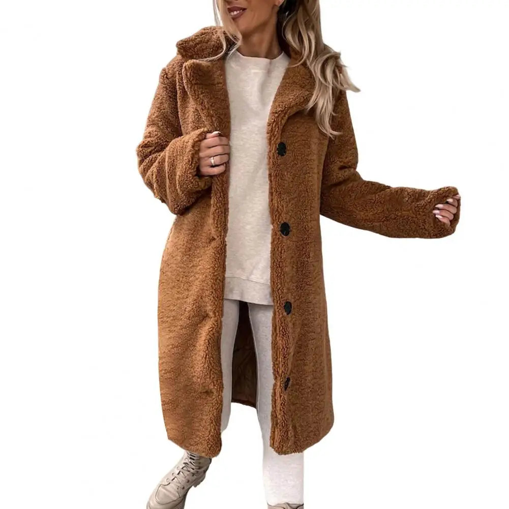 Trendy Women Overcoat Autumn Winter Women Trench Coat Long Style Pure Color Single-breasted Teddy Jacket Windproof