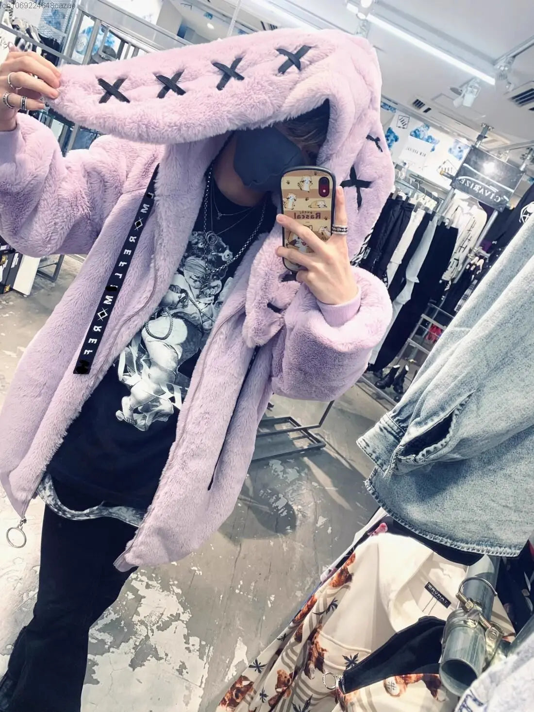 2023 Winter New Harajuku Rabbit Ear Plush Coat Y2k Clothes Soft Zipper Tops Hooded Women Gothic Punk Style Mid Length Jacket