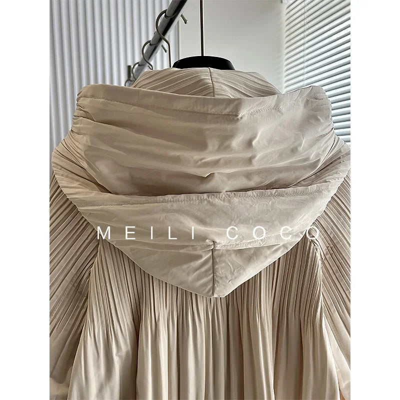ALSEY Miyake Pleated Solid Collar Hooded Fashion Women's Jacket 2024 Autumn Winter New Long-sleeved Slim Lengthened Windbreaker