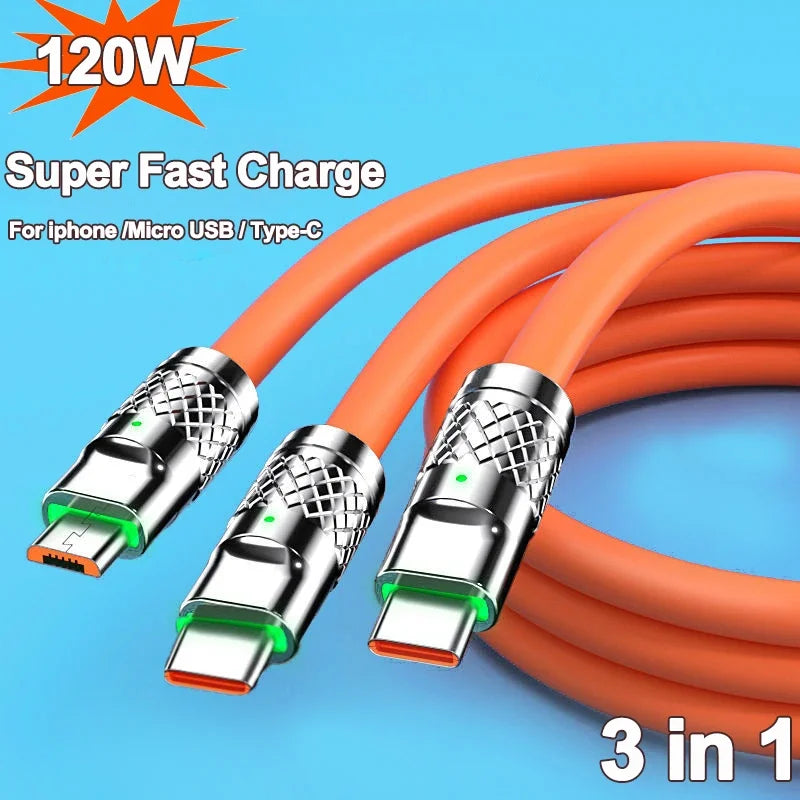 120W 3 In 1 Fast Charging Cable Micro USB Type C Multiple USB Port Mobile Phone Charging Cables For Xiaomi Samsung iPhone 14 13