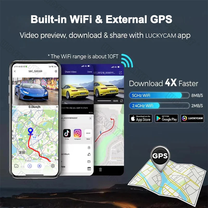 Cámara de salpicadero para coche de 1080P con GPS, WIFI, aplicación, grabadora de vídeo de 4 lentes, DVR de 360°, cámara de visión trasera, monitor de estacionamiento, caja negra, accesorios para coche